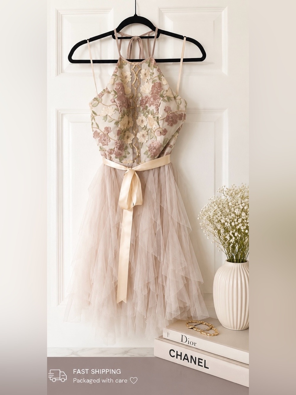 le chateau Floral Embroidered Halter Mini Dress in Blush and Green